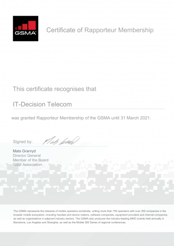 GSMA Rapporteur Membership Certificate