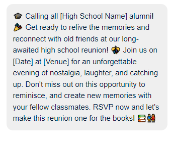 High school reunion text message invitation